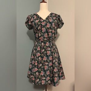 Allegra K Pink and Green Puff Sleeve Wrap Midi Dress - NWOT